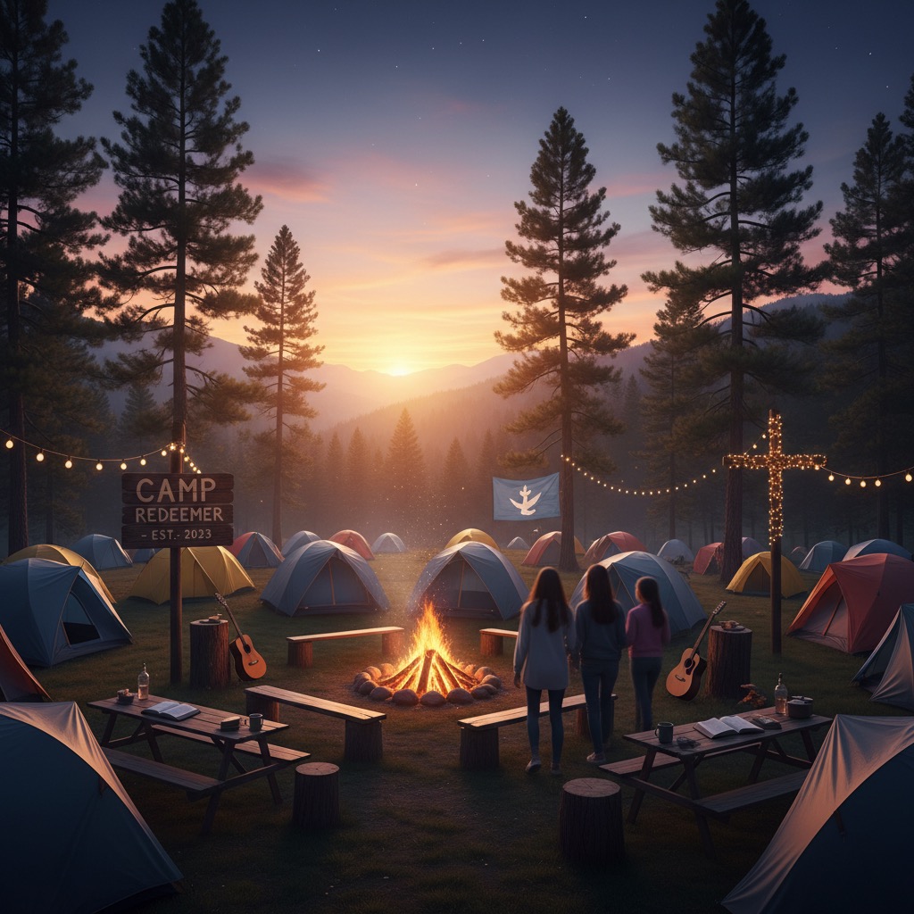 Three people stand before a campfire at Camp Redeemer, surrounded by tents and pine trees under a sunset sky.