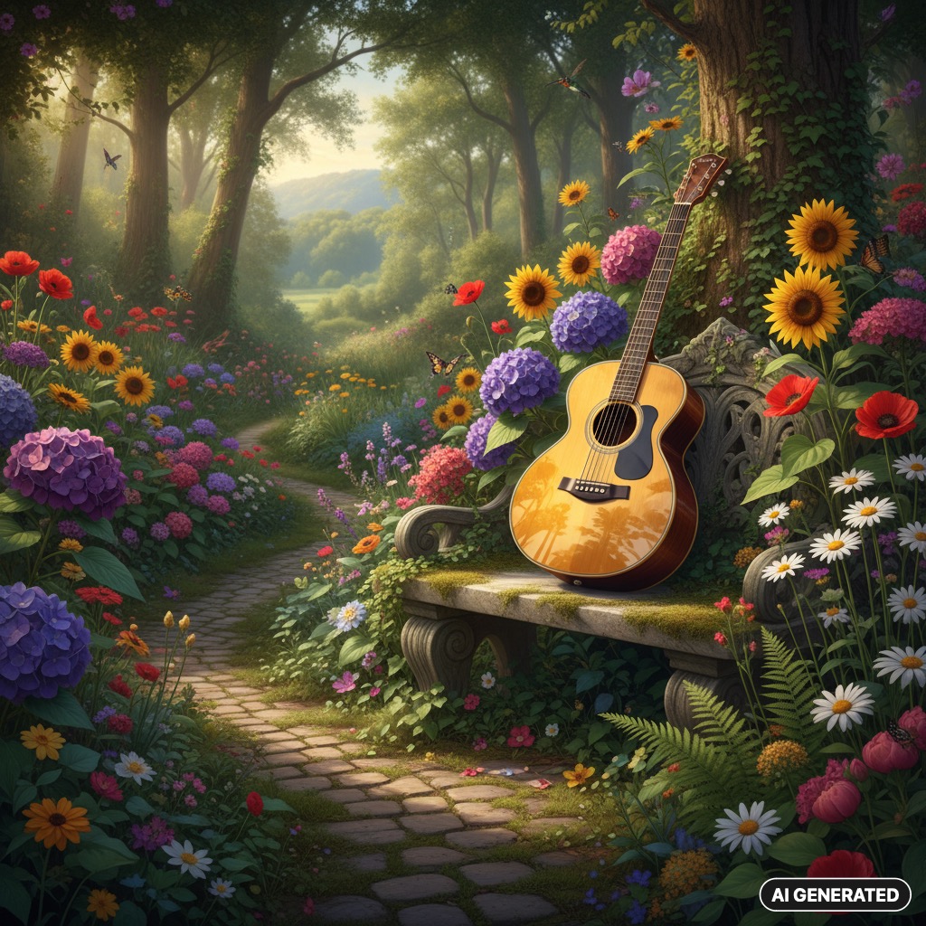 AI Generated: An acoustic guitar rests on a stone bench surrounded by vibrant flowers and greenery along a garden path.